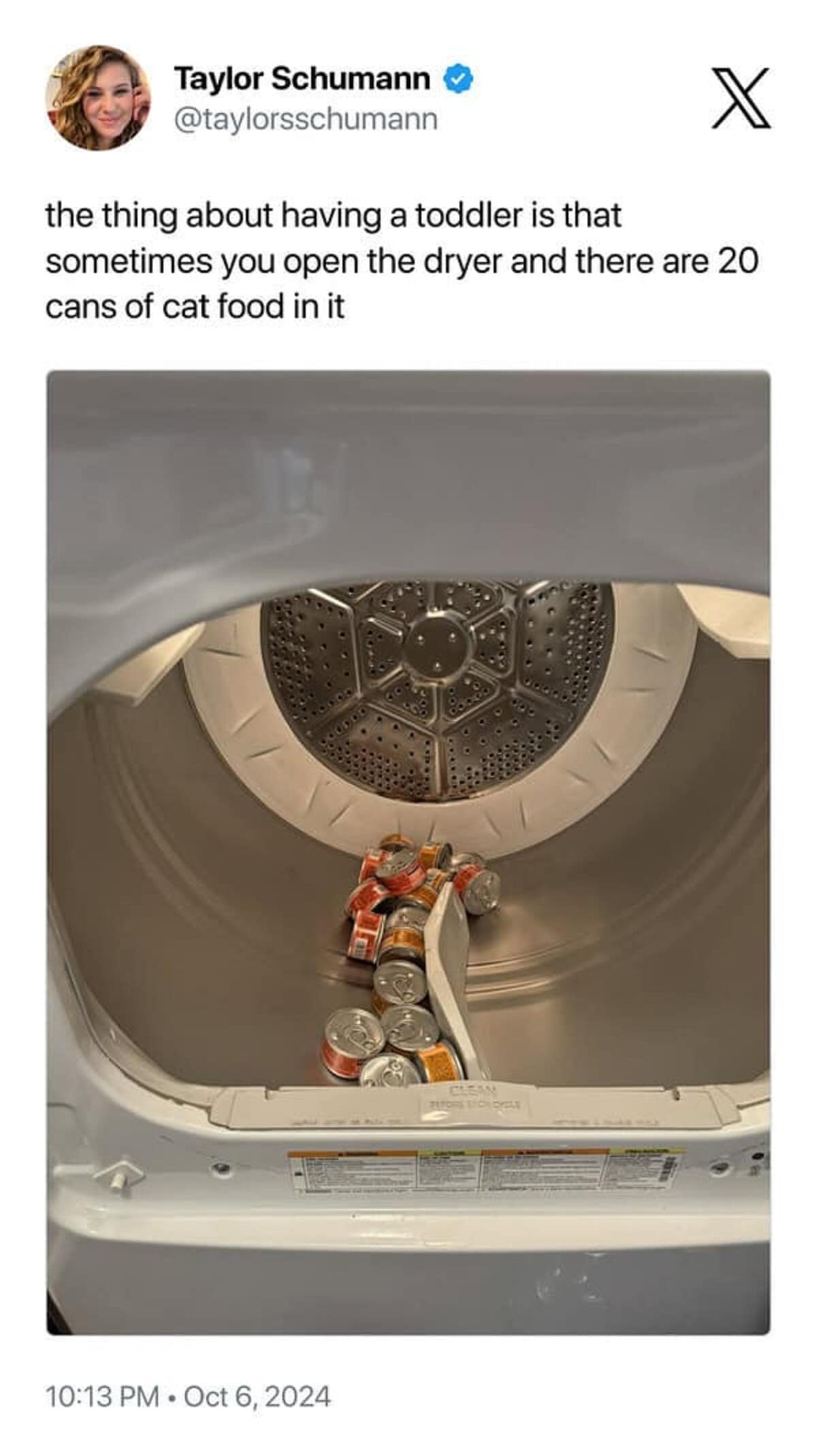 A funny meme photo of a dryer drum filled with dozens of cans of cat food.