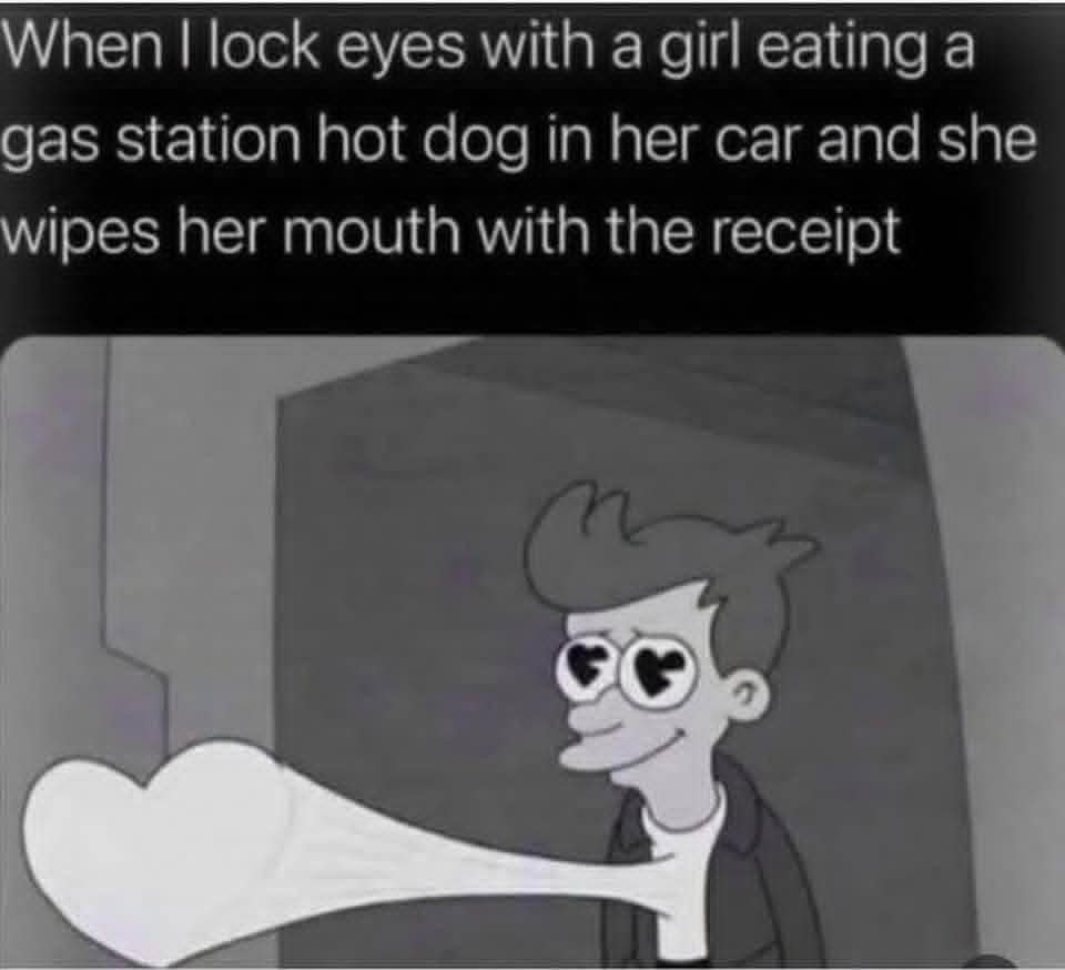 A funny meme of a cartoon character with a beating heart reacting to a girl wiping her mouth with a receipt.