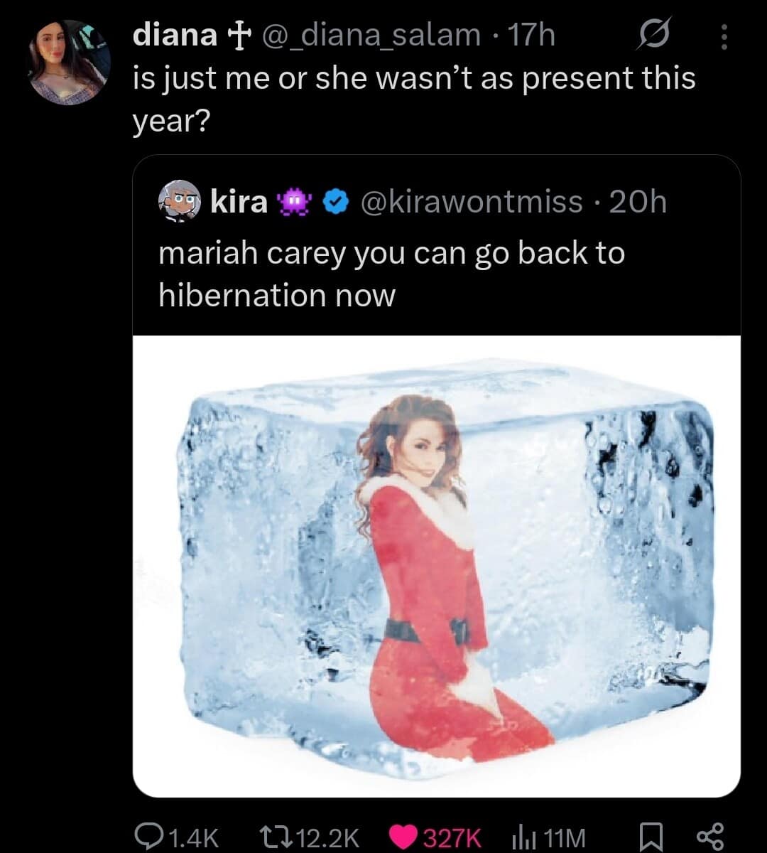 A hilarious meme of Mariah Carey frozen in an ice cube returning to hibernation.