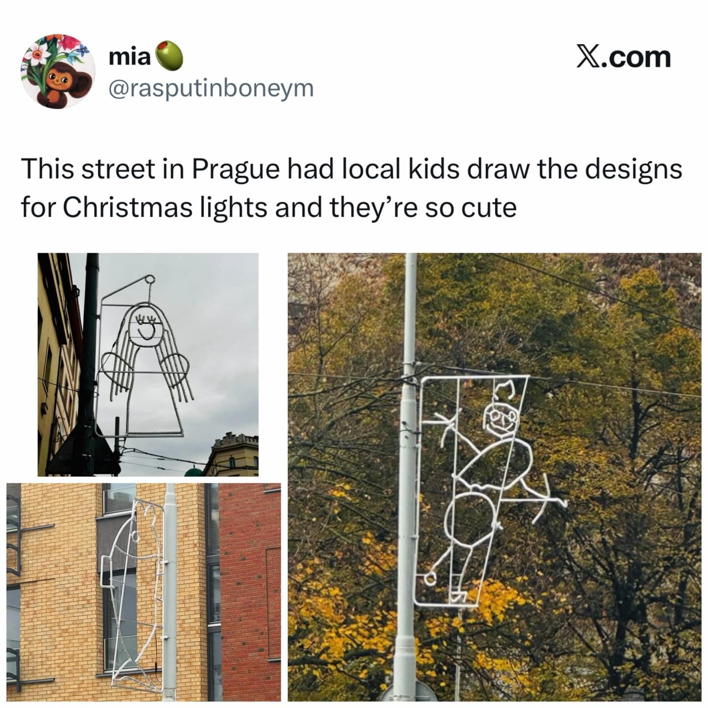 A hilarious meme showing Christmas lights in Prague designed by children.