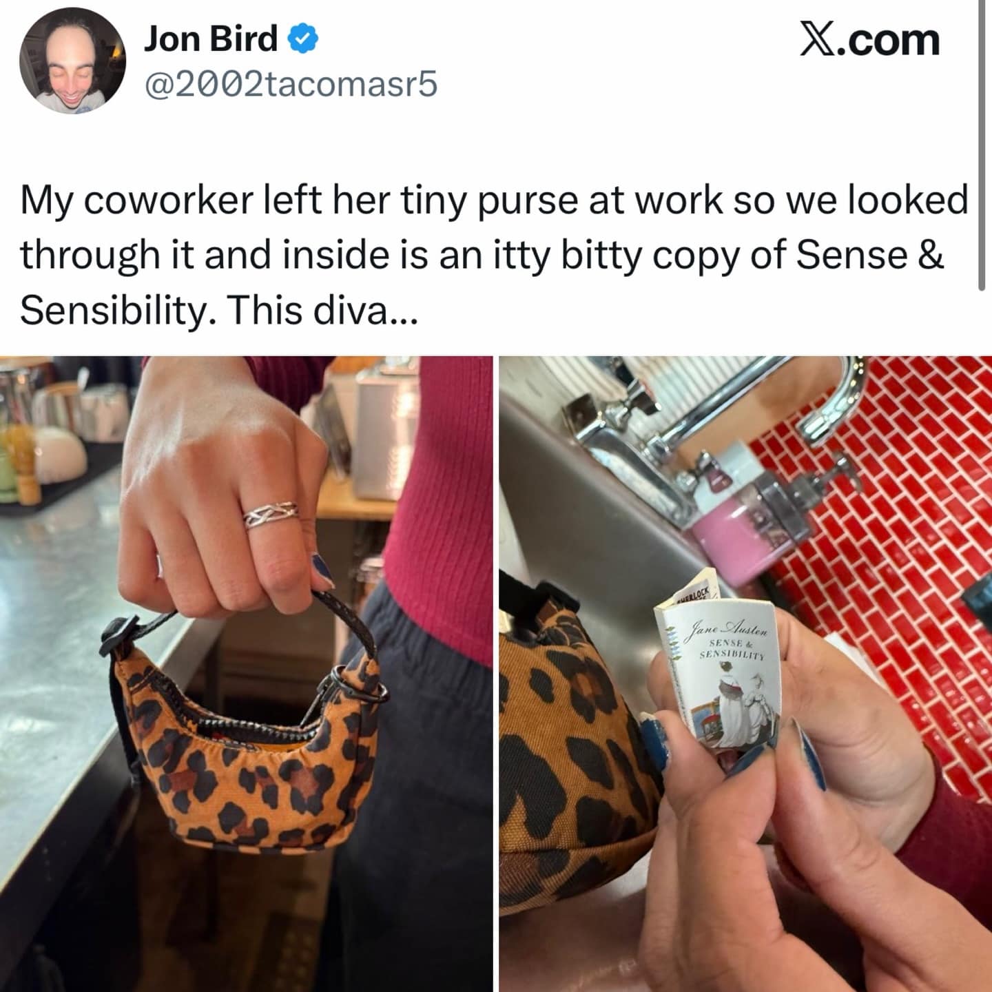 A meme dump photo of a tiny purse containing a tiny copy of Sense and Sensibility.