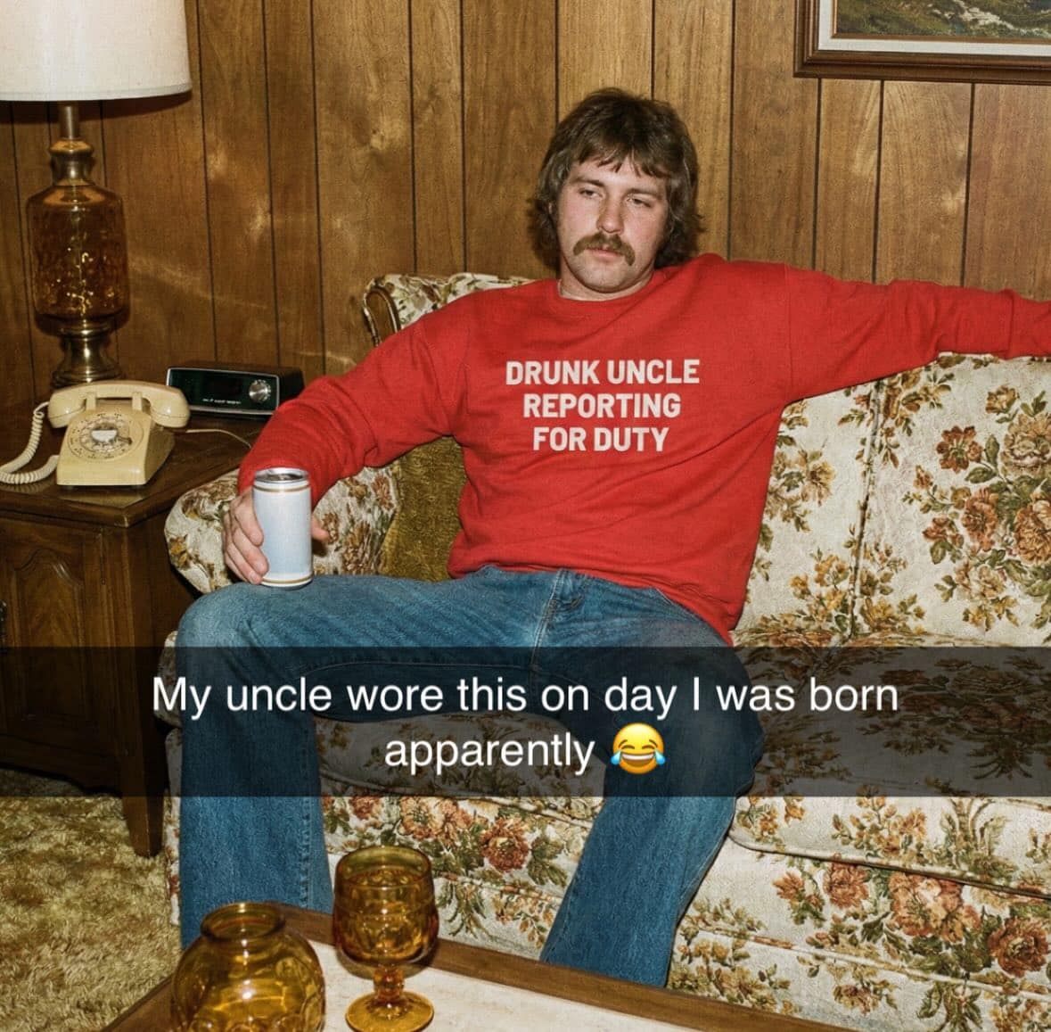 A funny meme vintage photo of an uncle wearing a Drunk Uncle Reporting For Duty sweatshirt