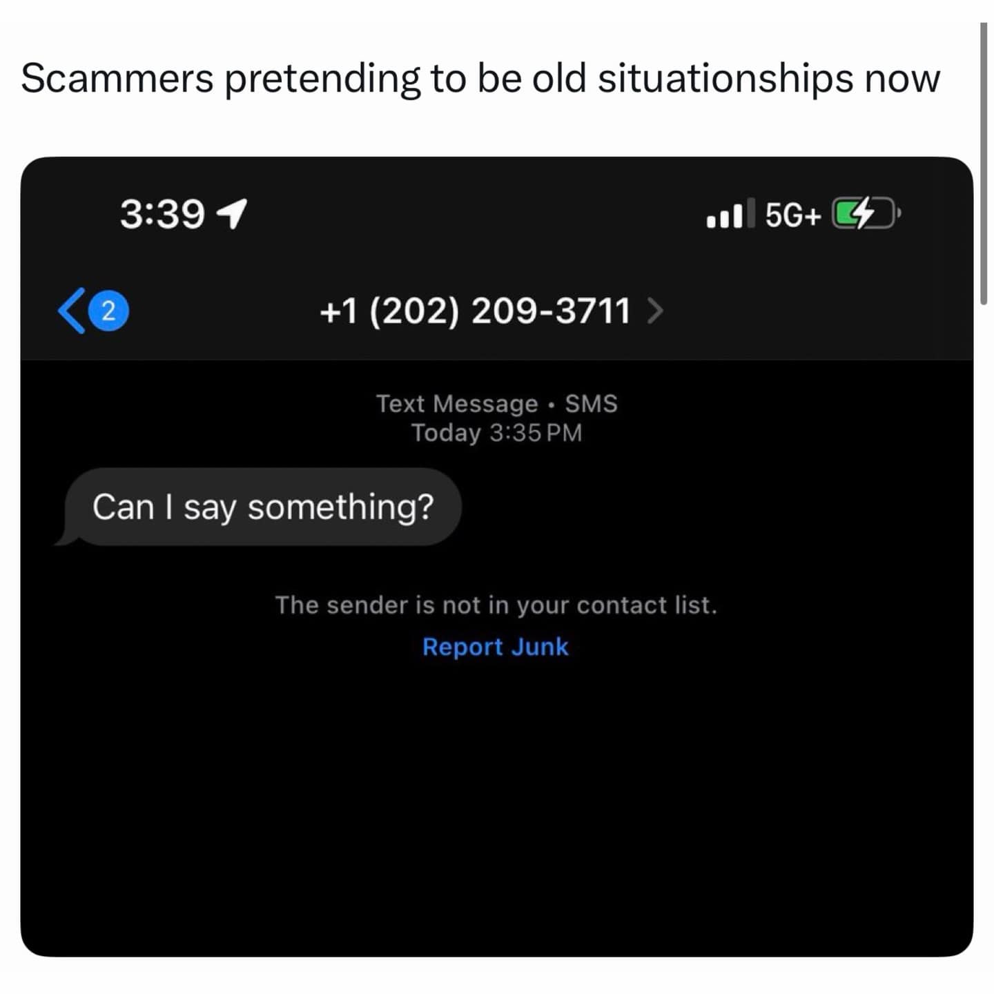 A funny meme about scammers texting vague messages like a toxic ex.
