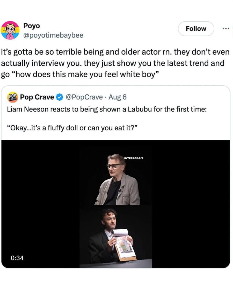 A funny meme of Liam Neeson reacting confusedly to a Labubu doll.