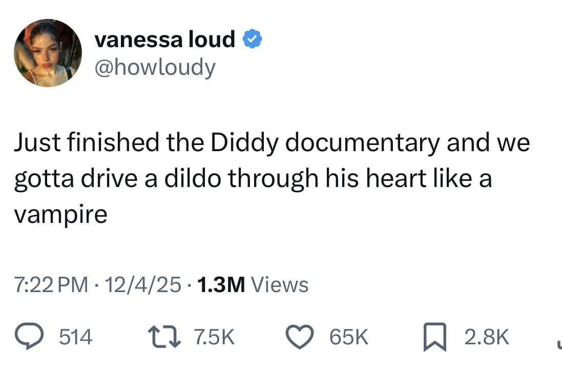 A funny meme of a tweet proposing a vampire-style punishment for Diddy.
