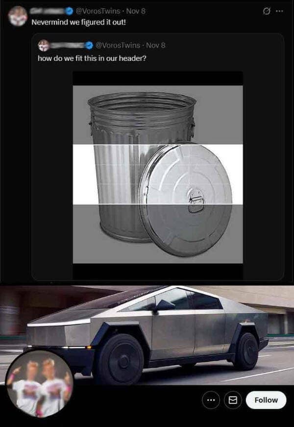 A funny meme comparing a metal trash can lid to the Tesla Cybertruck design.
