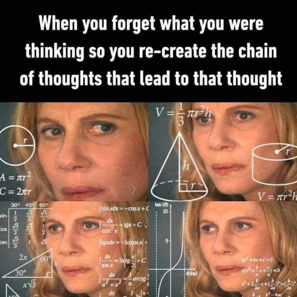 Math lady meme illustrating the complex mental calculations needed to recreate a forgotten thought.