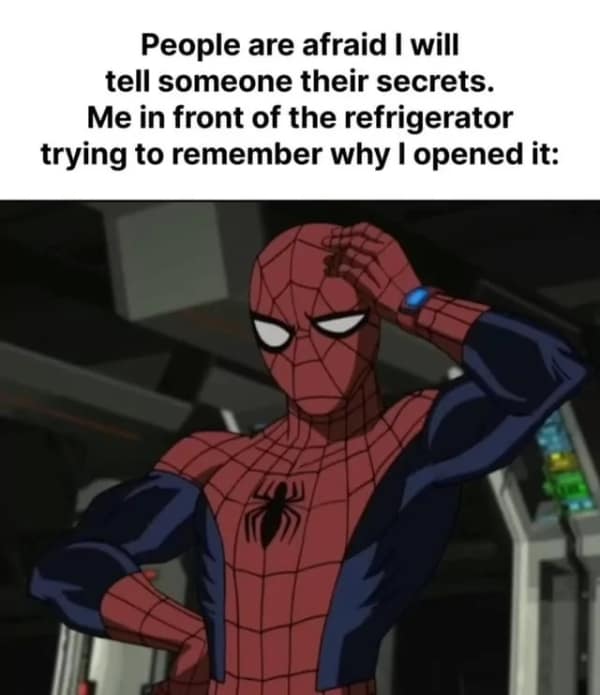 Cartoon Spiderman scratching his head in front of an open refrigerator forgetting why he is there.