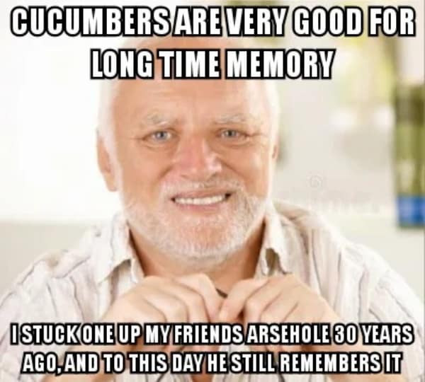 Hide the Pain Harold meme featuring a dark joke about using a cucumber for long-term memory retention.