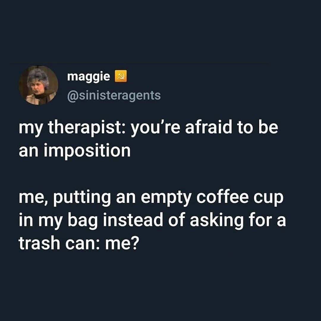 psychology meme tweet about putting trash in a bag to avoid asking for a bin.