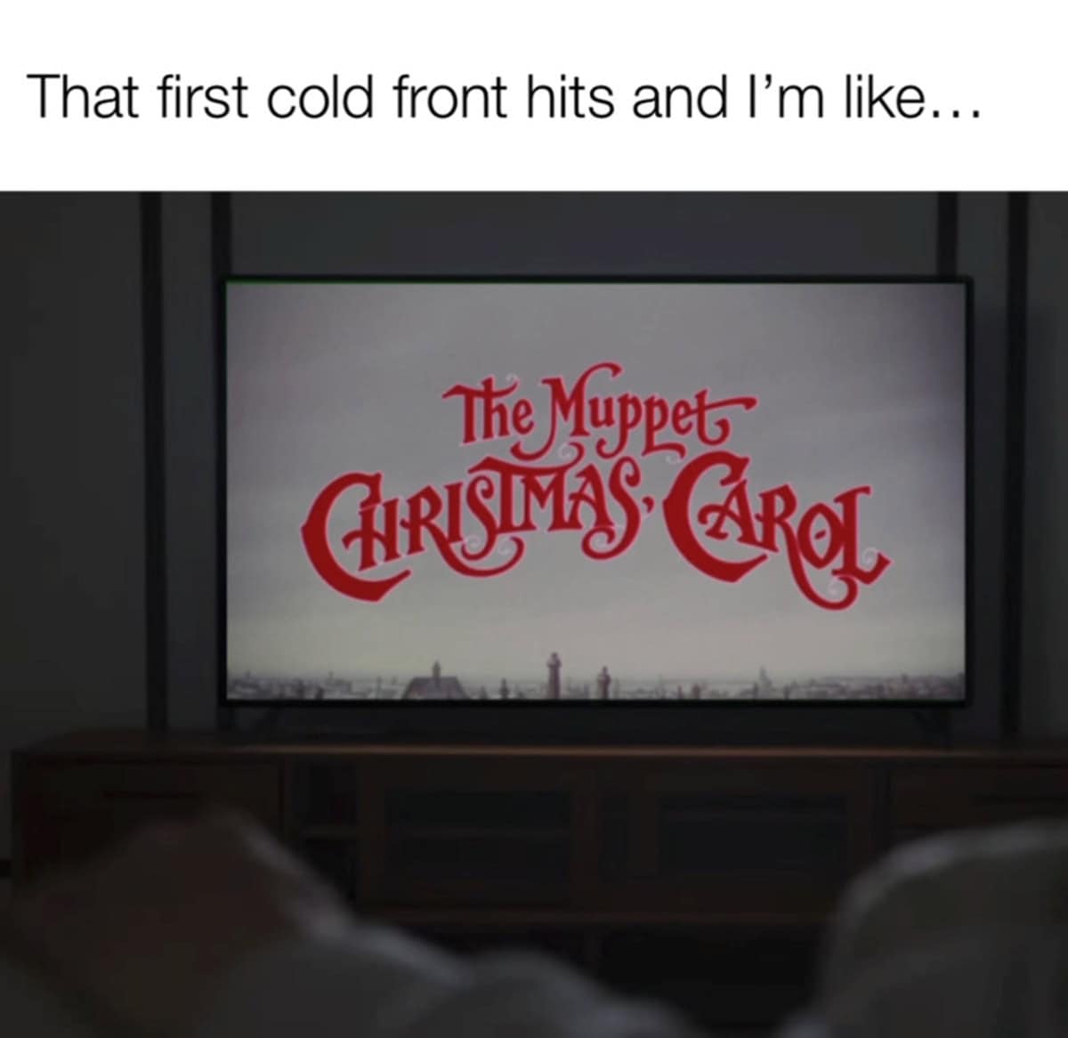 A Muppet Christmas Carol meme showing the movie title screen on a TV.
