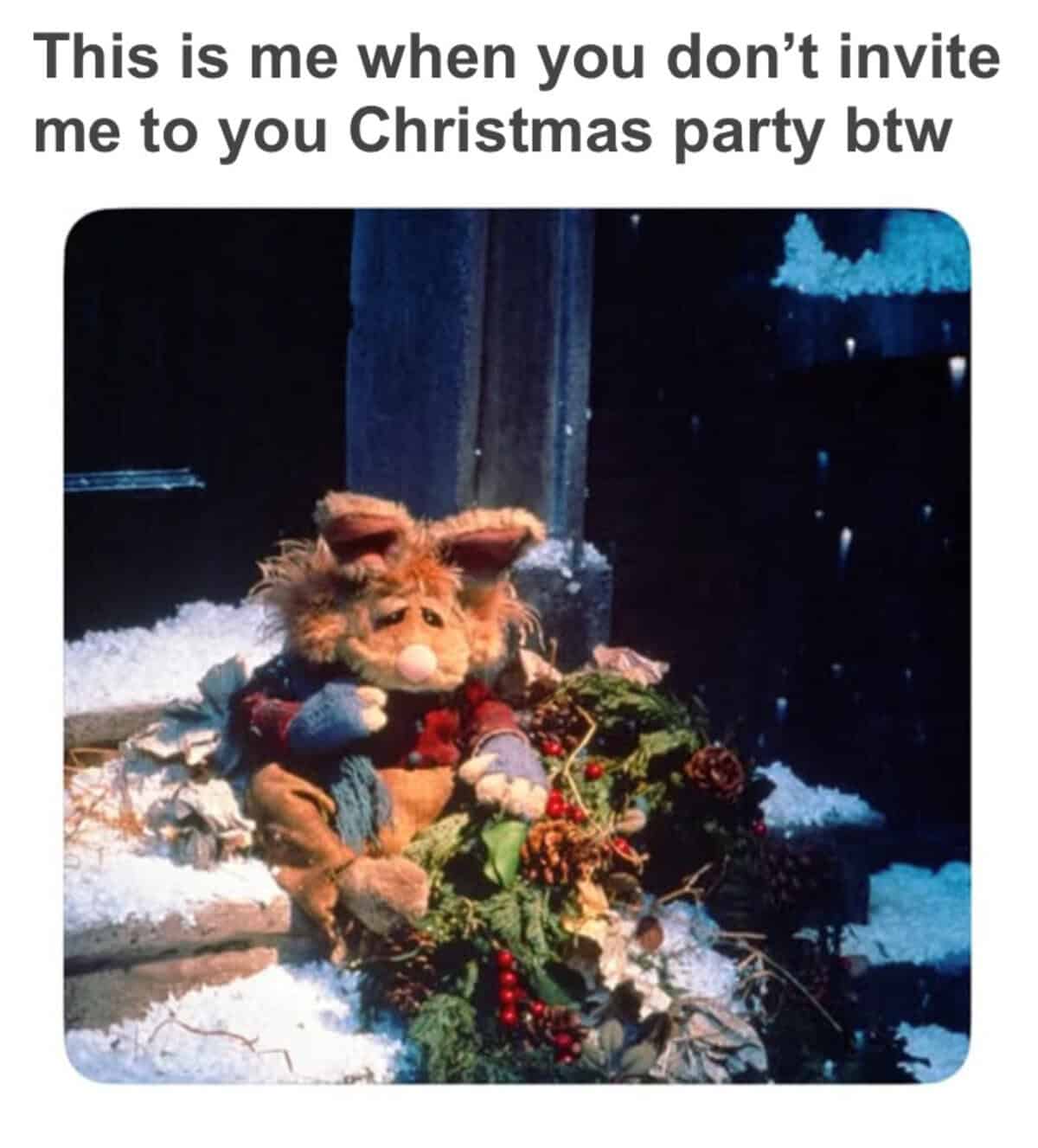 A Muppet Christmas Carol meme of Bean Bunny shivering in the snow.