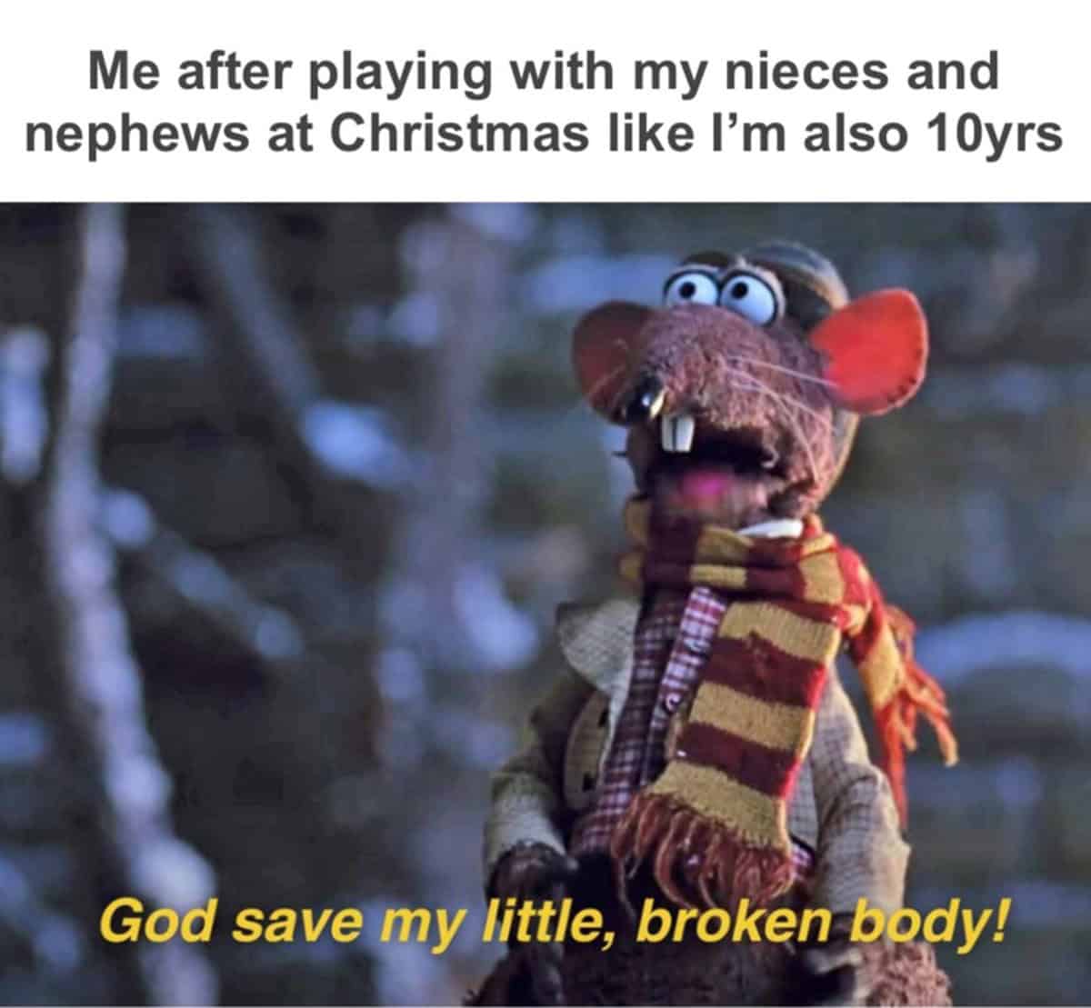 A Muppet Christmas Carol meme of Rizzo the Rat saying God save my little broken body.