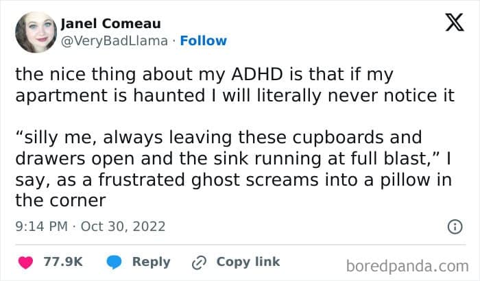A neurodivergent meme tweet about not noticing a haunted apartment due to ADHD chaos.