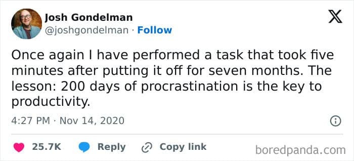 A neurodivergent meme tweet about doing a task in 5 minutes after 7 months of procrastination.