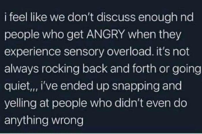 A neurodivergent meme text post about anger caused by sensory overload.