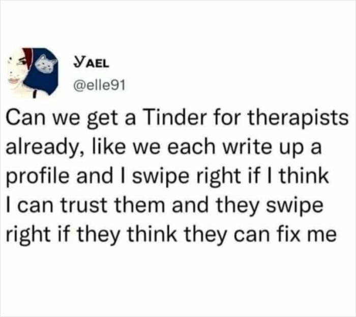 A neurodivergent meme tweet proposing a Tinder app for finding therapists.