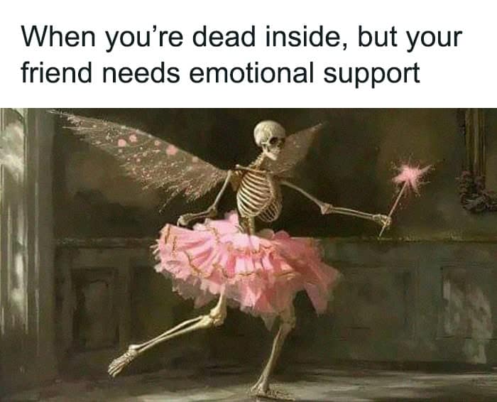 A neurodivergent meme of a skeleton in a tutu offering emotional support.