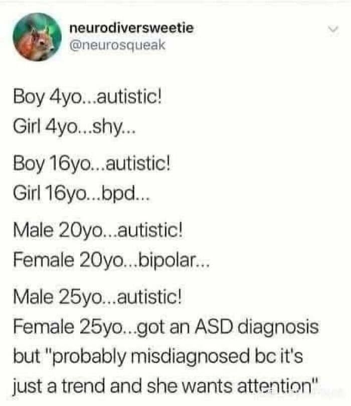 A neurodivergent meme list showing the history of misdiagnosis for autistic women.
