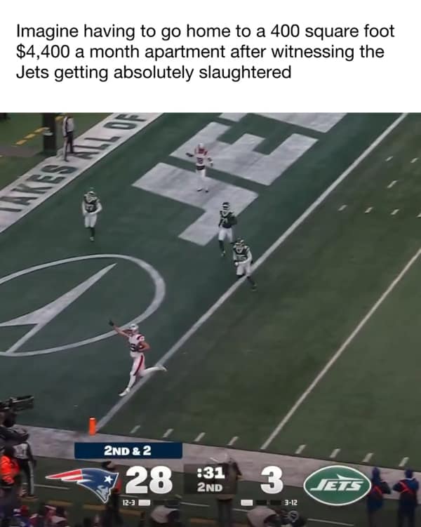 New England Patriots player scoring touchdown against New York Jets blowout meme.