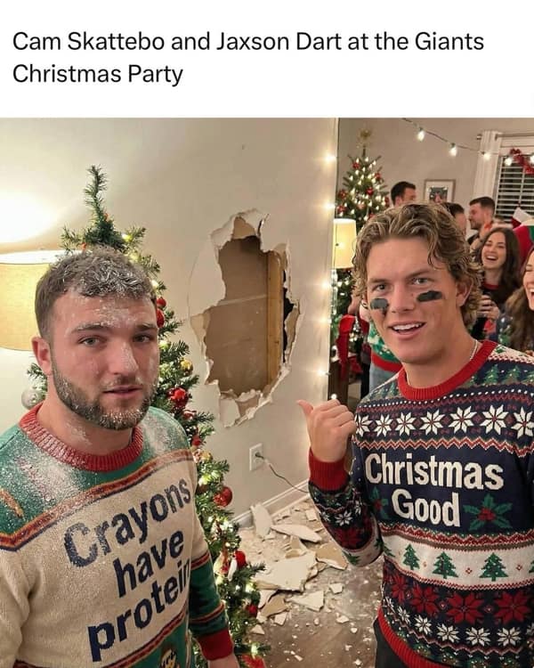 Cam Skattebo and Jaxson Dart posing next to hole in wall Christmas party.