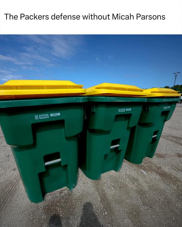 Three green trash cans representing Green Bay Packers defense without Micah Parsons.