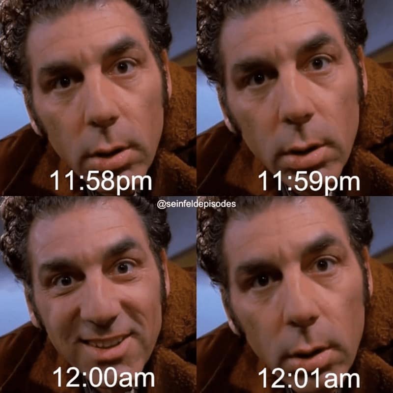 A Seinfeld new years meme showing Kramer looking exactly the same before and after midnight.