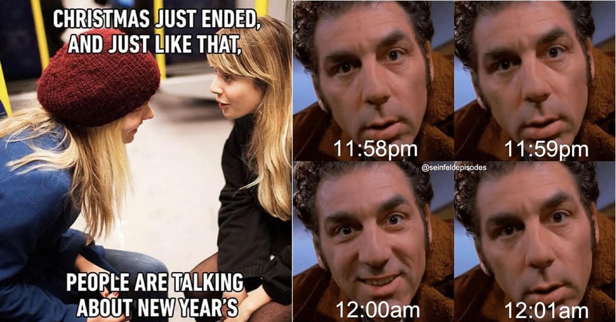 Collection of new years eve meme images and funny resolutions including sleeping grandmas and confused stick figures