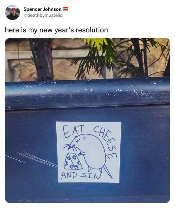 Hand drawn sticker of a rat with caption eat cheese and sin.