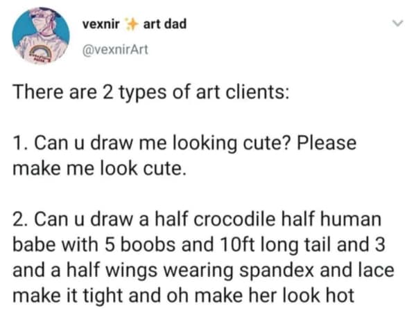 Tweet about art commissions describing a half-crocodile woman in an oddly specific meme.