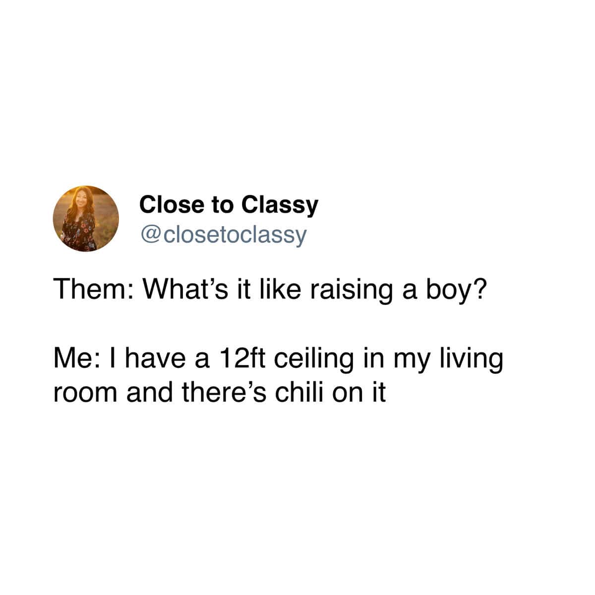 Tweet comparing raising boys to having chili on the ceiling as a parenting meme