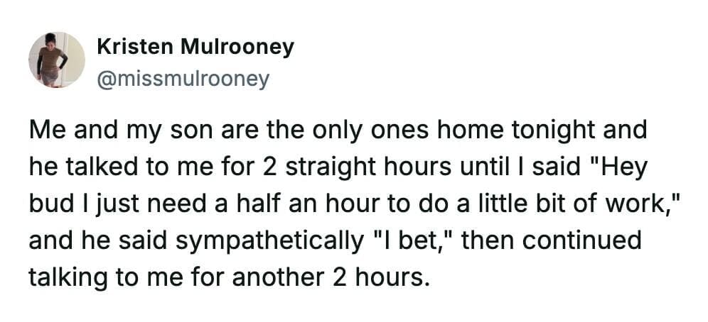 Tweet about a son talking for hours without stopping used as a parenting meme