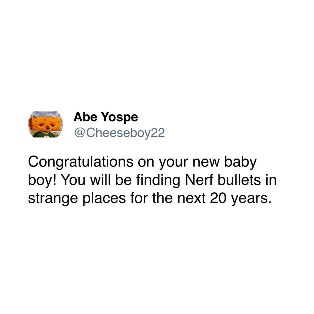 Tweet warning about finding Nerf bullets everywhere in a parenting meme.