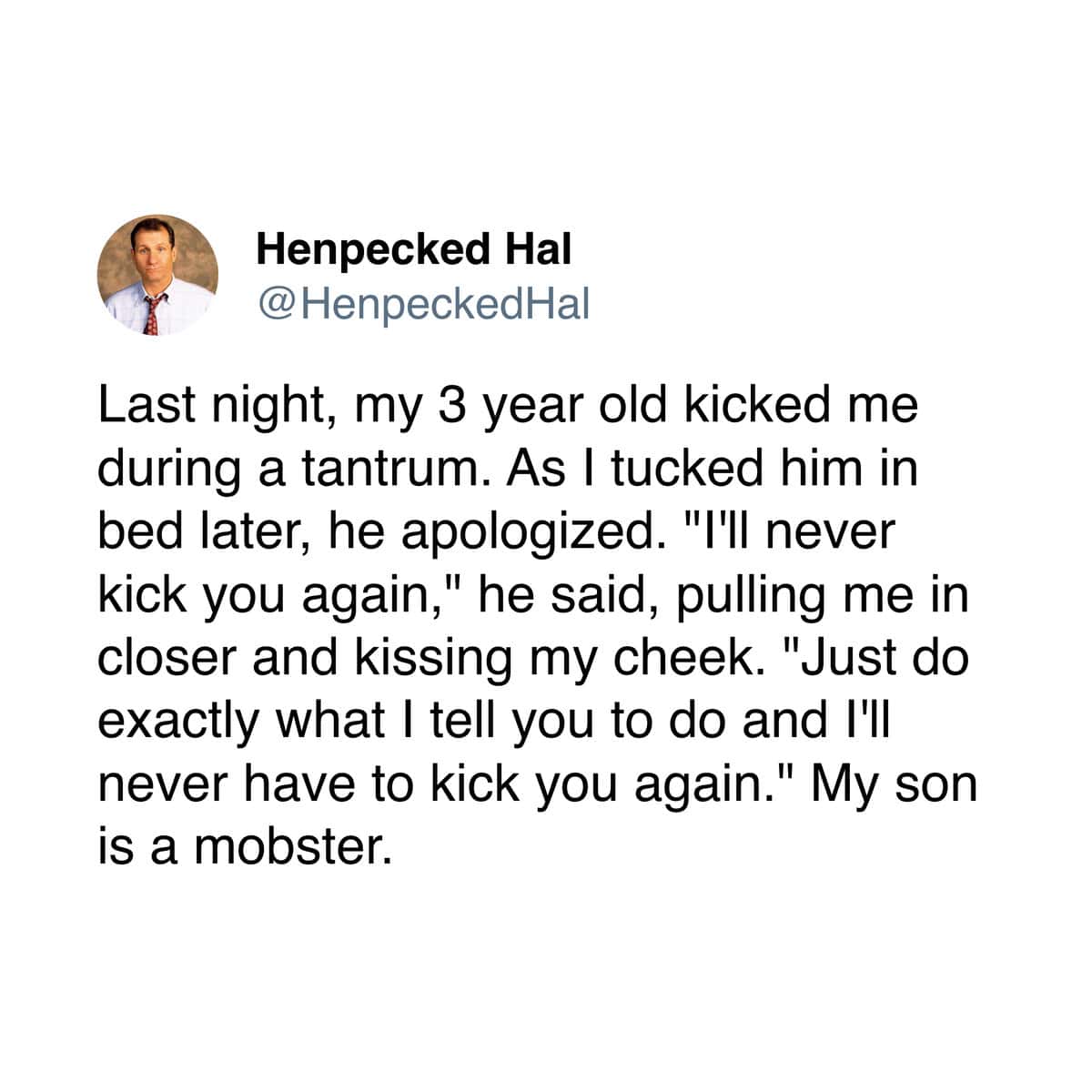Tweet about a toddler making a mobster threat in a parenting meme.