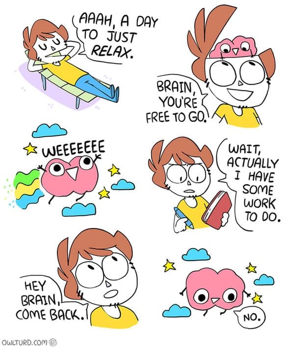 Comic of a brain refusing to return to work in a procrastination meme