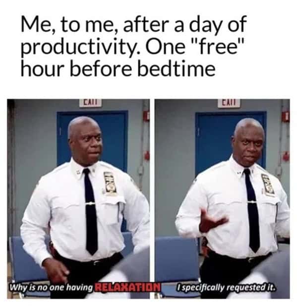 Captain Holt from Brooklyn Nine-Nine demanding relaxation in a procrastination meme