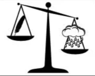 Balance scale with a feather weighing down on one side and rain cloud on other.