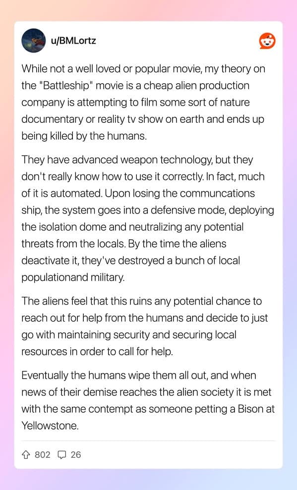 Long Reddit post describing the movie Battleship as a misunderstood alien nature documentary.