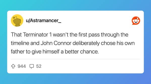 Reddit post theorizing Terminator 1 was not the first timeline loop for John Connor.