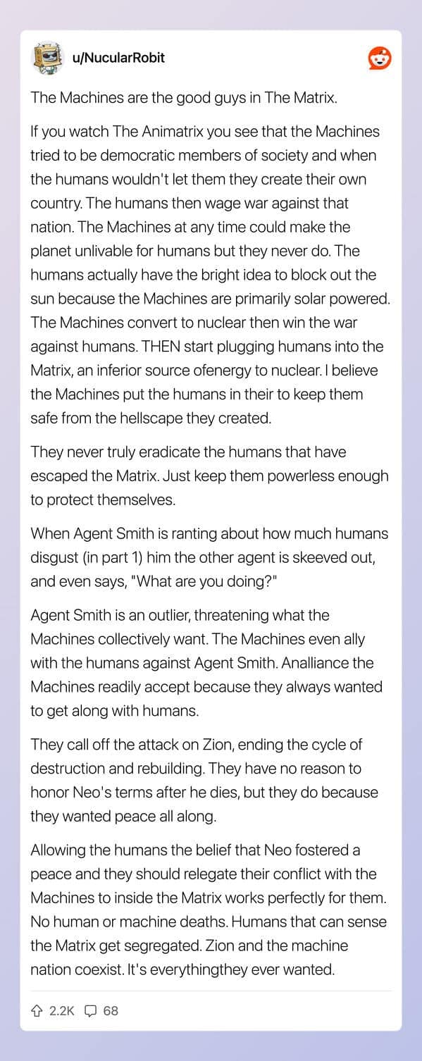 Long Reddit post arguing the Machines are the good guys in The Matrix trilogy.