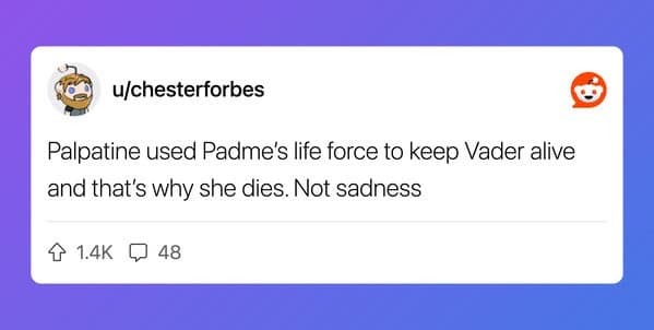 Reddit post suggesting Palpatine used Padme's life force to save Vader.