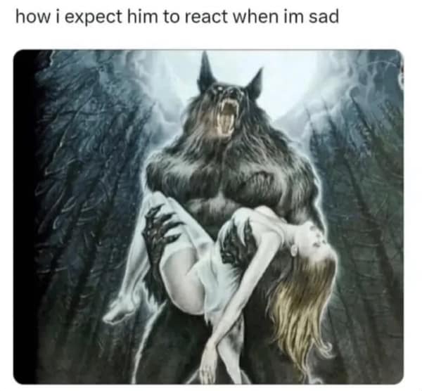 A relationship meme showing a werewolf carrying a woman in a dramatic romance novel style.