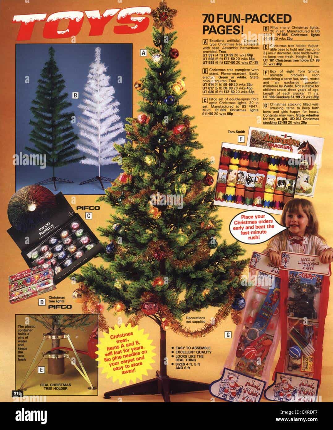 A retro christmas photo of a vintage toy catalog page with trees.