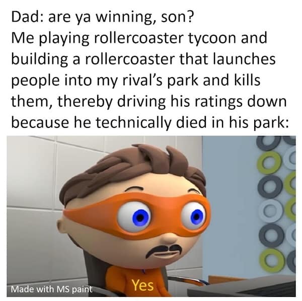 Dad asking if son is winning while he kills rival guests in a rollercoaster tycoon meme