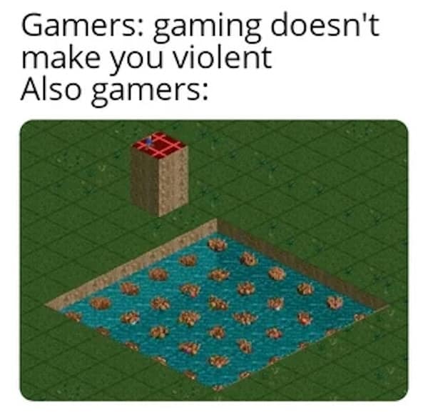 Comparison of gamer violence stereotype with drowning Sims in a rollercoaster tycoon meme