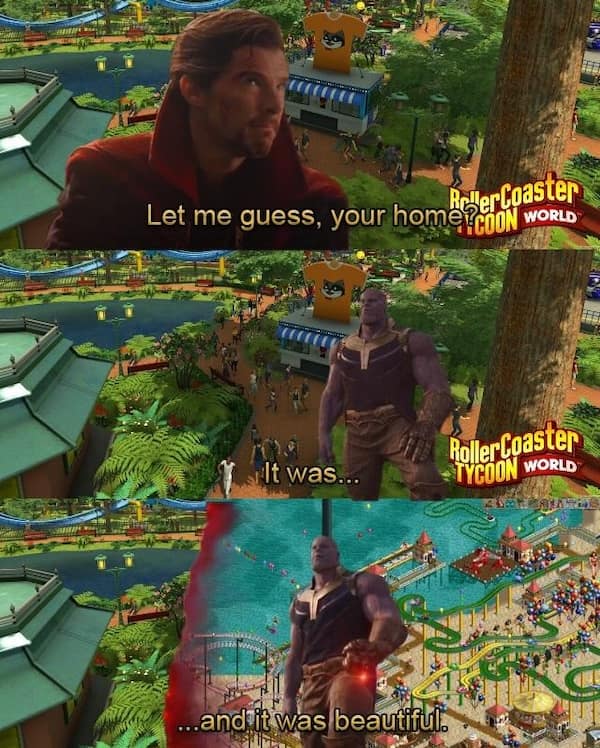 Thanos comparing park versions in a rollercoaster tycoon meme