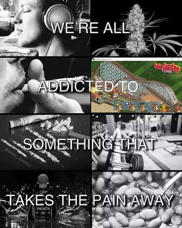 Collage of addictions including rollercoaster tycoon as a coping mechanism meme