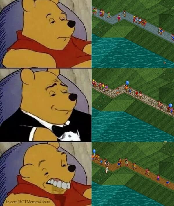 Winnie the Pooh reaction to guest pathfinding in a rollercoaster tycoon meme