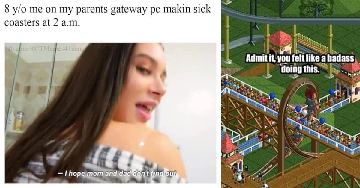 Montage of funny coaster crashes and guest thoughts in a rollercoaster tycoon meme gallery