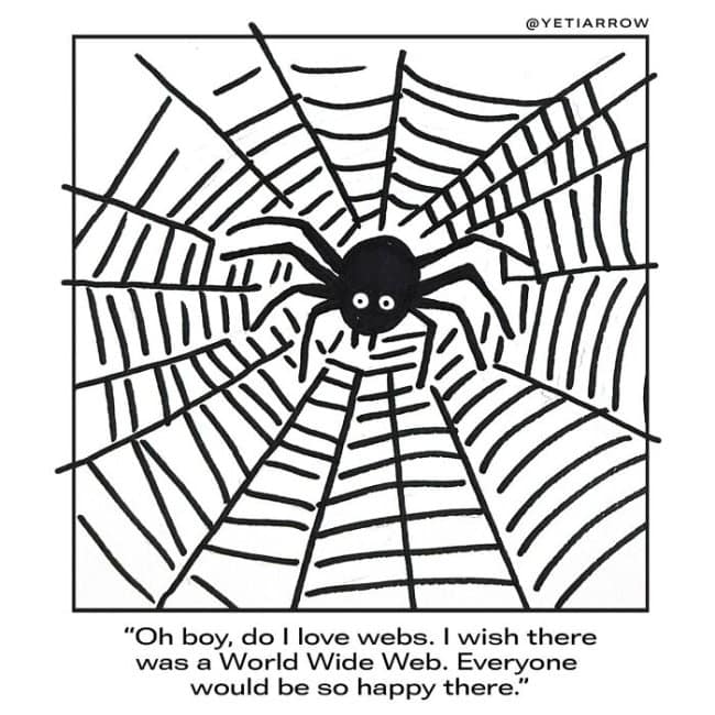 A YetiArrow comic of a spider hoping for a happy World Wide Web.